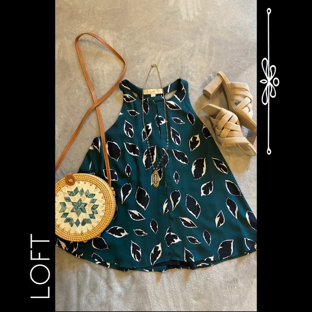 LOFT | Turquoise Leaf-Print Keyhole Top
